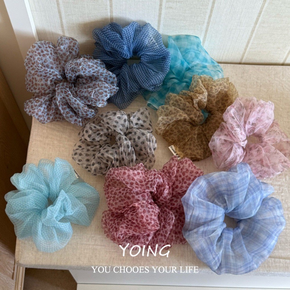 Yoing/สไตล์เกาหลีสีฟ้าลายสก๊อต Polka Dot Organza แหวนผม Scrunchy แหวน