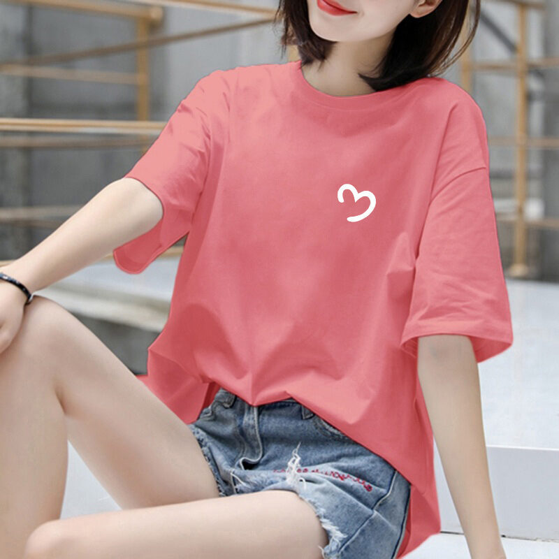 2026บวก ขนาดผู้หญิงแฟชั่นหลวมผ้าฝ้ายเสื้อยืดแขนสั้นรอบคอพิมพ์สีทึบสไตล์เกาหลีฤดูร้อนด้านบนสําหรับอวบ