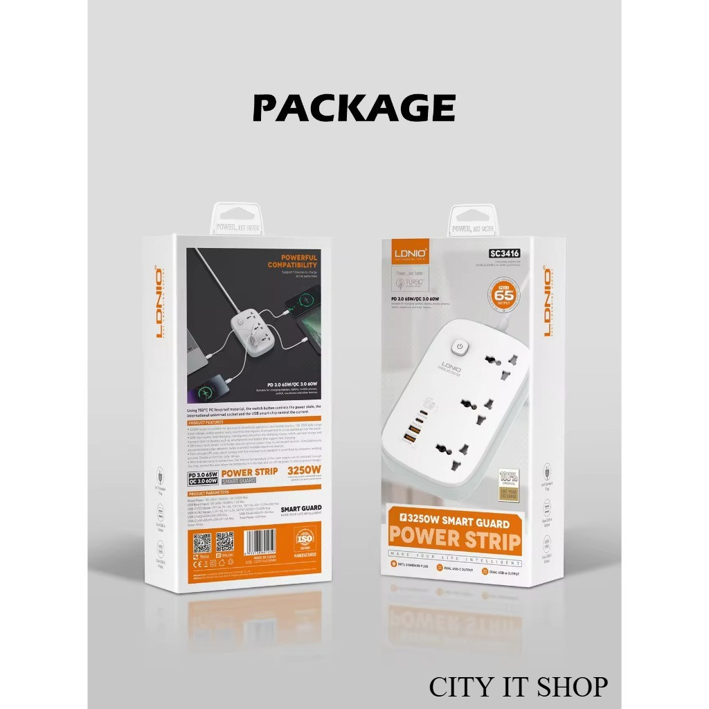 LDNIO SC3416 ปลั๊กพ่วง ปลั๊กไฟ 3Socketรองรับ65W PD3.0+60W QC3.0 Fast chargeชาร์จเร็ว กำลังไฟ 3250W-สายยาว 2เมตร SC3416