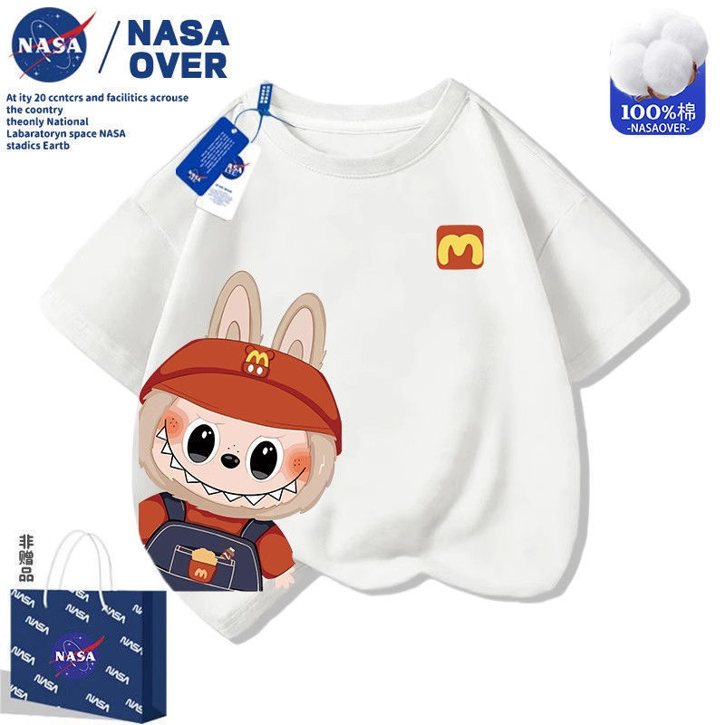 โรงงาน NASA การ์ตูน Labubu น่ารักฤดูร้อนเด็กแขนสั้นเสื้อยืดชายหญิงเด็กเสื้อผ้าแฟชั่น NASA เสื้อผ้า L