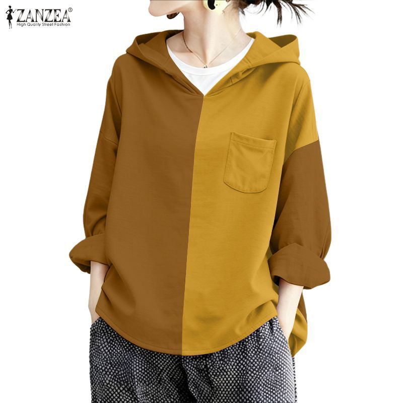ZANZEA ซานเซีย เสื้อเบลาส์กระเป๋าแขนยาวคอวีทรงหลวมแฟชั่นเกาหลีสําหรับผู้หญิง