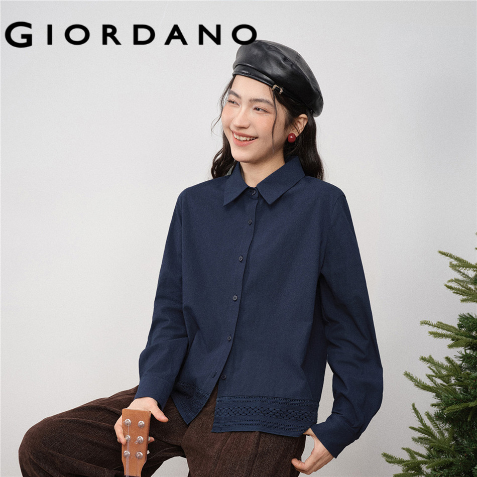 GIORDANO WOMEN 100% Cotton hollow out hem long sleeve shirt 18345620