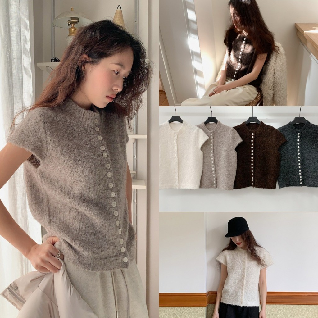 ❤     I3291 เสื้อแขนเปิด ผ้าทอไหมพรม แต่งกระดุมยาว งานน่ารัก ผ้าดีใส่สบาย แฟชั่นเกาหลี TAG In by In