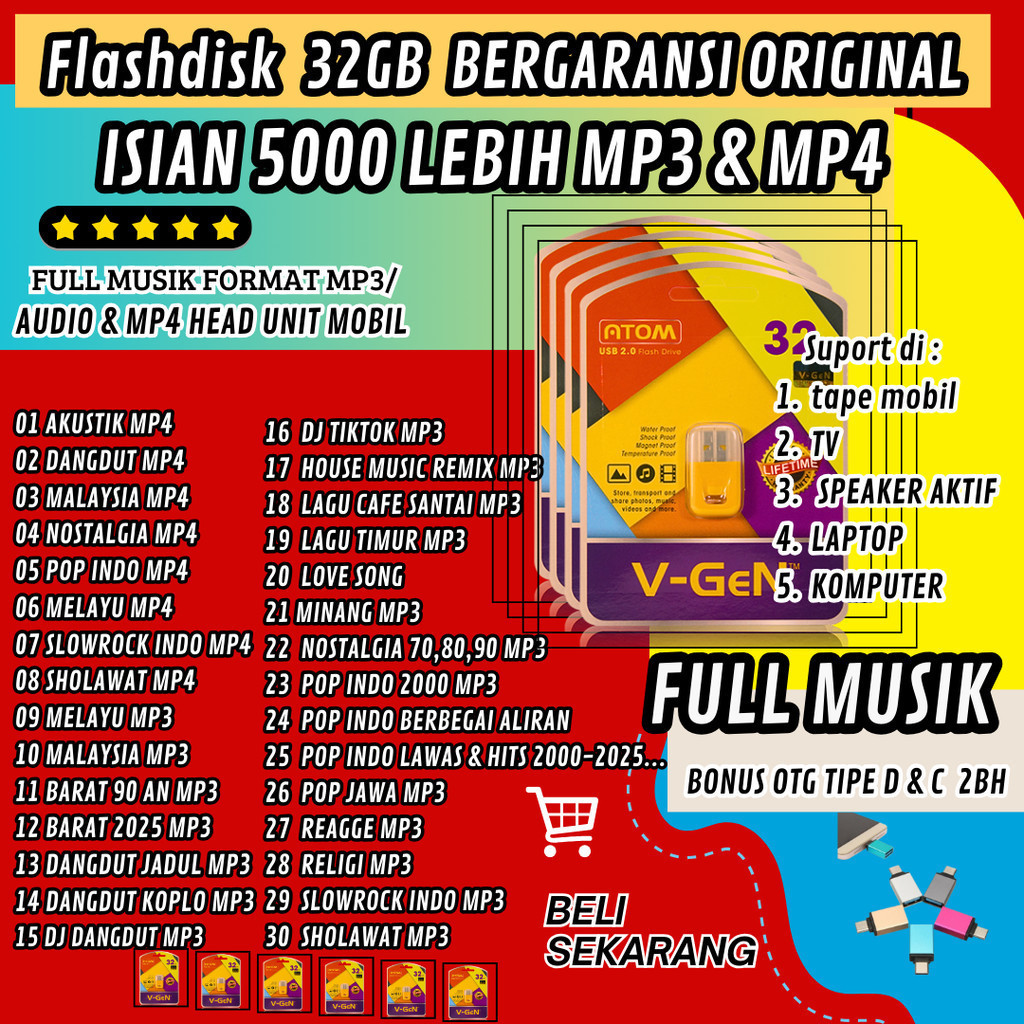 FLASHDISK 5000 SONGS 32GB V-GEN FULL MUSIC VARIOUS GENRE จาก POP, DANGDUT, DJ ETC.