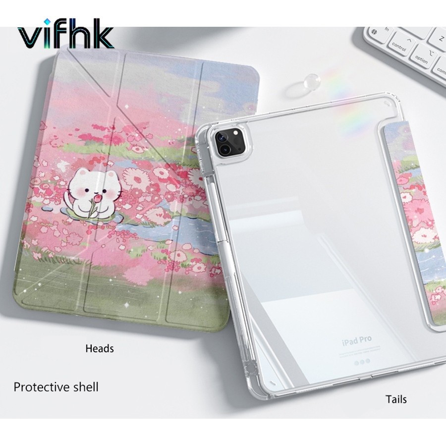 MERAH White Cat in the Landscape of the Pink Flower Fold 3+Y Y Shape, เคส iPad คุณภาพดีที่สุด, เหมาะ