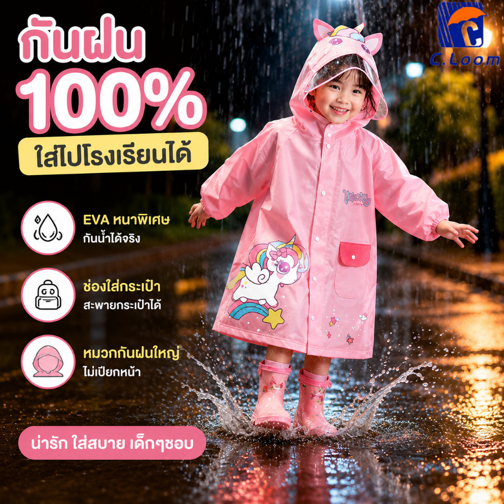 เสื้อกันฝนเด็ก ชุดกันฝนเด็ก วัสดุ EVA หนา ลายการ์ตูน นุ่มสบาย เพิ่มปีกหมวก ซิป ป้องกันฝน แห้งเร็ว