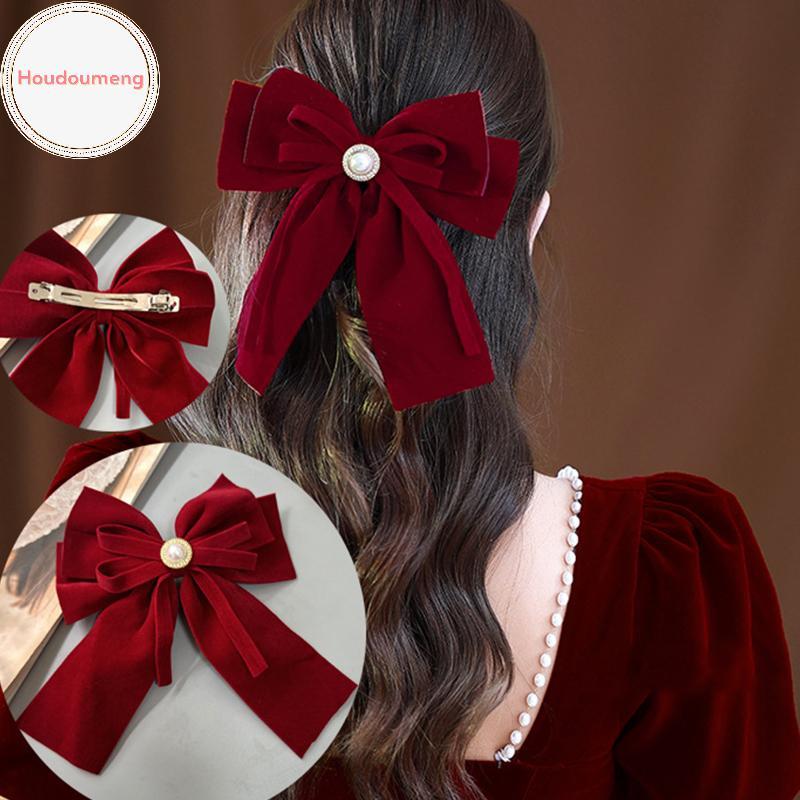 Houdoumeng Elegant Velvet Bow กิ๊บติดผมริบบิ้น Bowknot หางม้า Barrette กิ๊บติดผมผู้หญิงงานแต่งงานอุปกรณ์เสริมผม TH