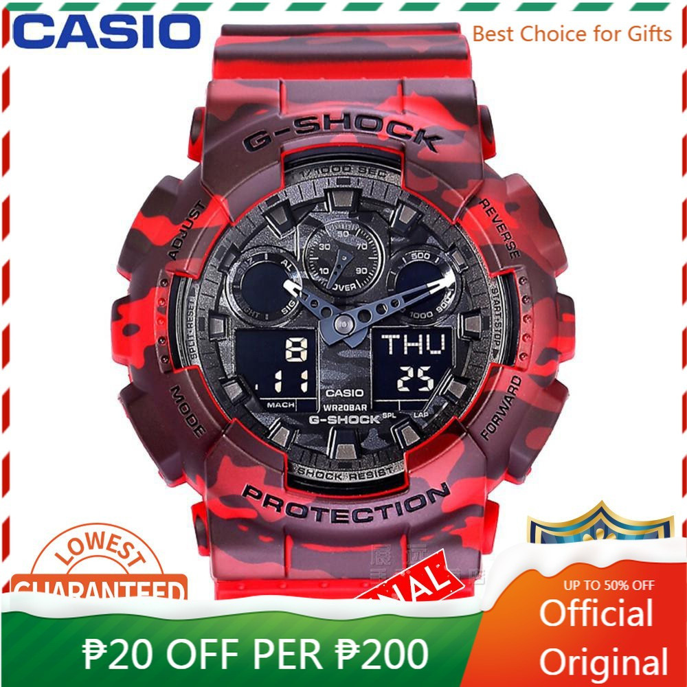 JOCELYN g-shock GA-100 สีแดงนาฬิกาสปอร์ตลายพราง GA100-100CM-4A ผู้ชายควอตซ์นาฬิกากันน้ํา V846