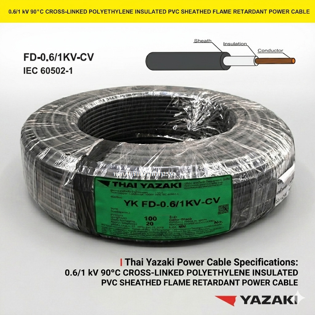 สายไฟ FD-0.6/1KV-CV 1x25 ยาซากิ YAZAKI สายไฟCV ม้วน 100เมตร ยกม้วน สินค้าออกบิลภาษีได้ สายCVเบอร์25