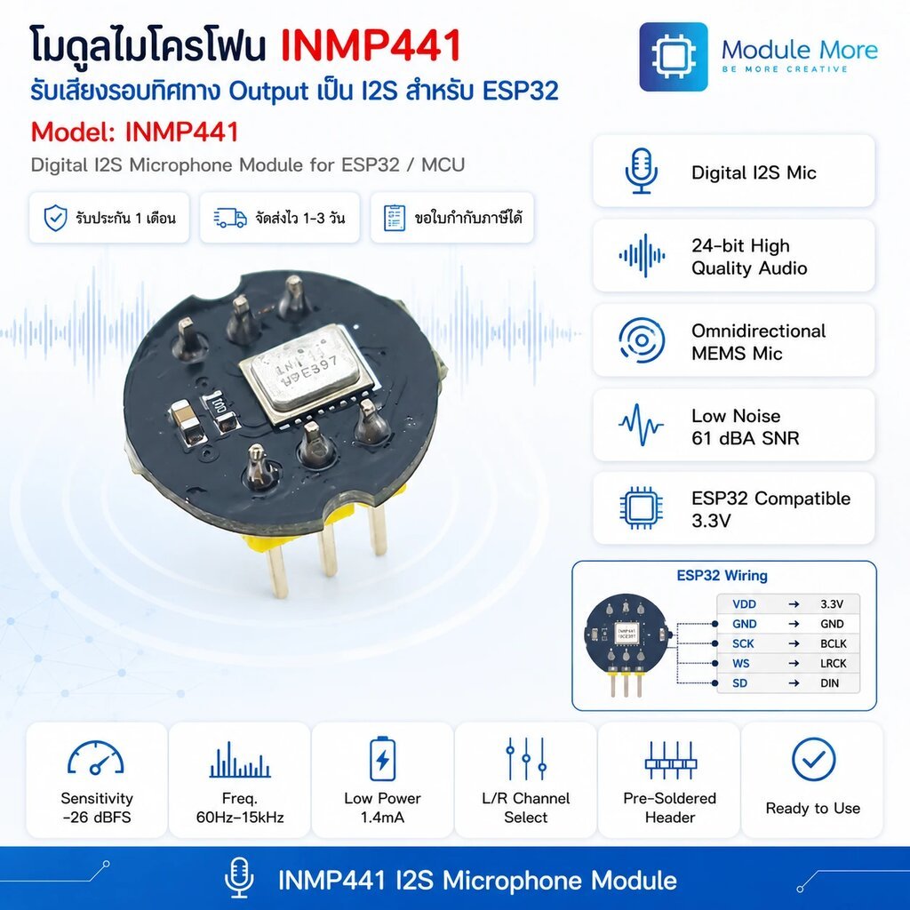 โมดูลไมโครโฟน INMP441 omnidirectional microphone module I2S สำหรับ ESP32 [ บัดกรีขาแล้ว ]