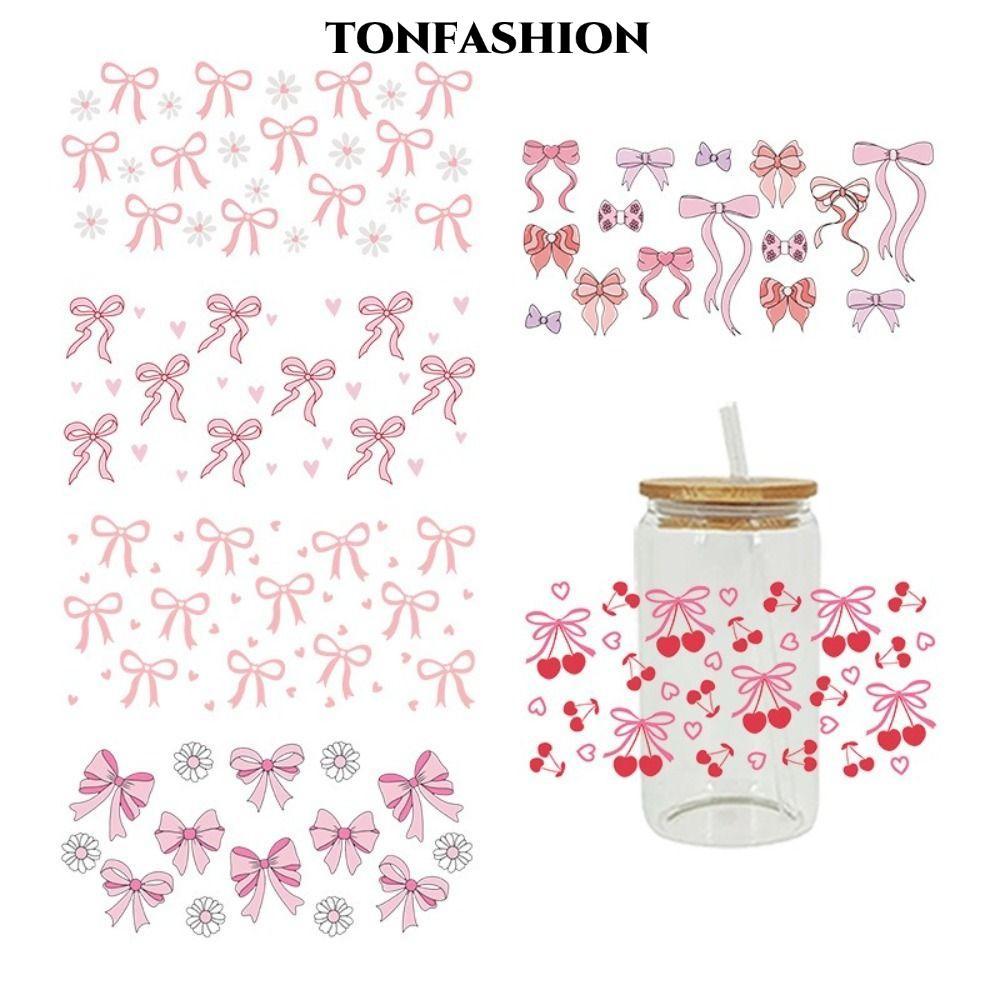 TONFASHION Wrap Stickers, Waterproof UV DTF Transfer Stickers, Diy Smooth Pink Bow Decals สําหรับถ้ว