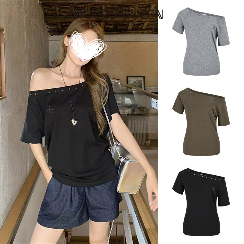 < MOSESQUEEN > มอสส์ ราชินี เสื้อยืดแขนสั้นคอลาดเปิดไหล่ - สไตล์ฤดูร้อนใหม่ผ่อนคลายและหลวมเหมาะกับสลิมมิ่งลง #63666