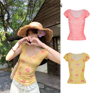 < MOSESQUEEN > มอสส์ ราชินี เสื้อเชิ้ตแขนสั้นลายดอกไม้สีชมพูช่วงวันหยุดสไตล์ฝรั่งเศสพร้อมเสื้อยืดคอปกคอวีและสัมผัส #63693