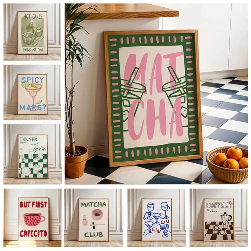 Retro Matcha & Coffee Wall Art Set, Fun Kitchen & Bar Prints Frameless Waterproof Home Decor