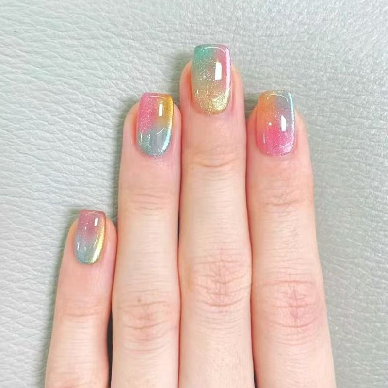 [แสงแวววาว] แป้งไล่ระดับสีความคมชัดสูงสีเขียวผงสีส้มชนออกฤดูร้อน ความมีชีวิตชีวา กระจกที่ถอดออกได้ 10 ชิ้นเล็บกดประเภทเล็บปลอมฟรีกาว