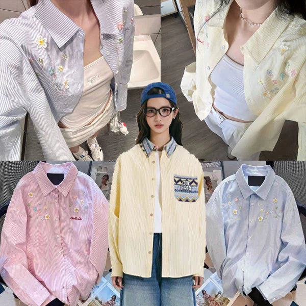 Chili เสื้อเชิ้ตผู้หญิงสำหรับฤดูใบไม้ผลิ ฤดูใบไม้ร่วง ปี 2026 ปักลายพร้อมตกแต่งดอกไม้ คุณภาพเทียบได้ ใช้ผ้าคุณภาพดีค่ะ