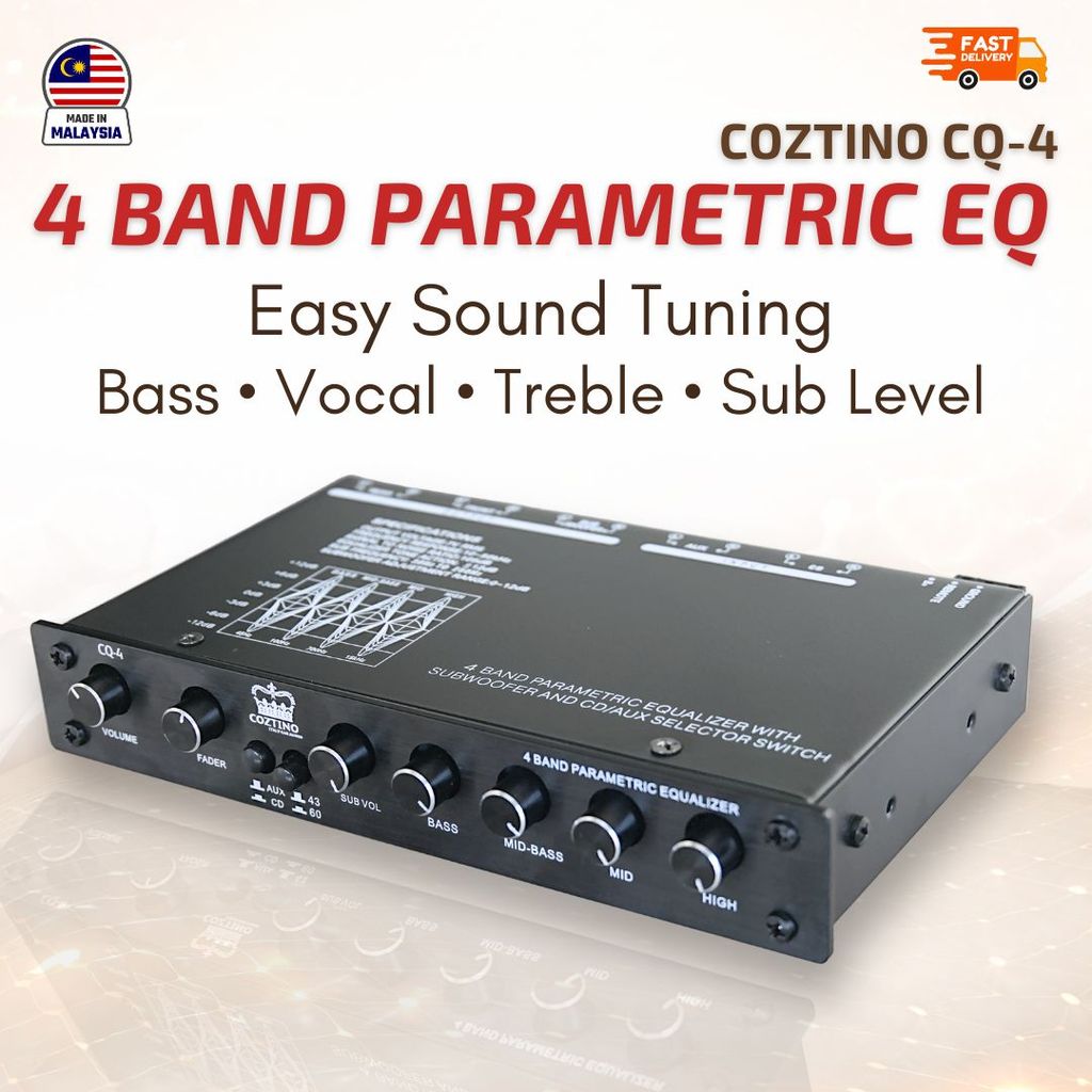 Coztino CQ-4 1/2 Din 4 Band Parametric Equalizer พร้อมซับวูฟเฟอร์และสวิตช์เลือก CD/Aux