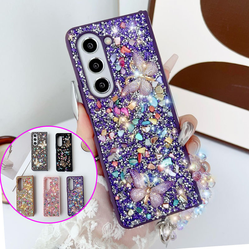 Bling Glitter ผีเสื้อที่มีสีสันเจาะหินเคสโทรศัพท์สําหรับ Samsung Galaxy Z FOld 7 Z พับ 6 Z พับ 5 Z พ