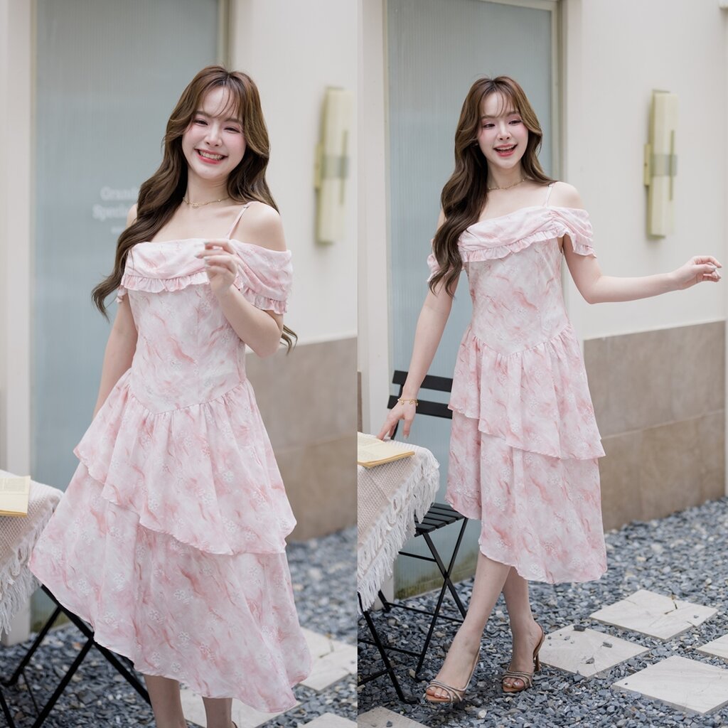 Fleur Asymmetric Midi Dress : ผ้าลายพิมพ์สีโอรส [Made by Pastel Time]