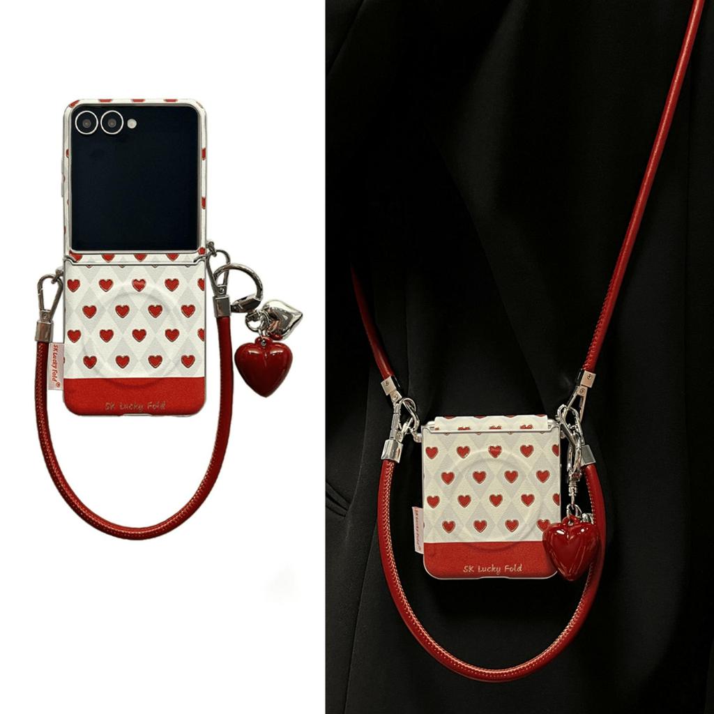 เคสแม่เหล็กหัวใจสายหนังสําหรับ Samsung Galaxy Z Flip7/Z Flip8/Z Flip6/Z Flip5 กันกระแทก