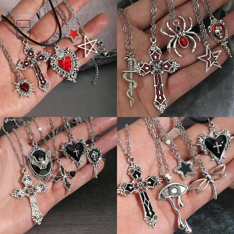 [BRN] 5 ชิ้นสร้อยคอโกธิคชุดสําหรับผู้หญิงเครื่องประดับฮาโลวีนหัวใจค้างคาวแมงมุมข้ามจี้เสื้อกันหนาวโซ