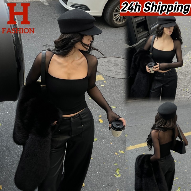 HOT 'พร้อมส่ง' FY1226 เสื้อแขนยาว คอกลมแต่งซีทรูบางเบา สีดำใส่ง่าย