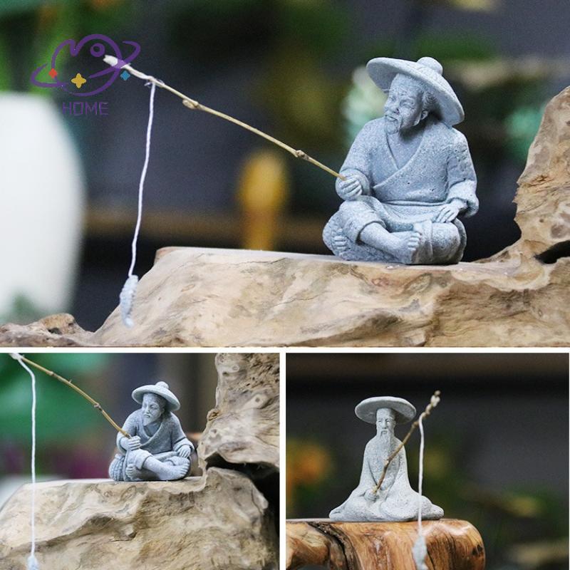 [mayhome] 1 ชิ้น Aquarium Mini Fisherman รูปปั้นเอเชีย Zen ตกแต่งบ้านถังปลาสวนนั่งตกปลา Sandstone เครื่องประดับวินเทจ {TH}