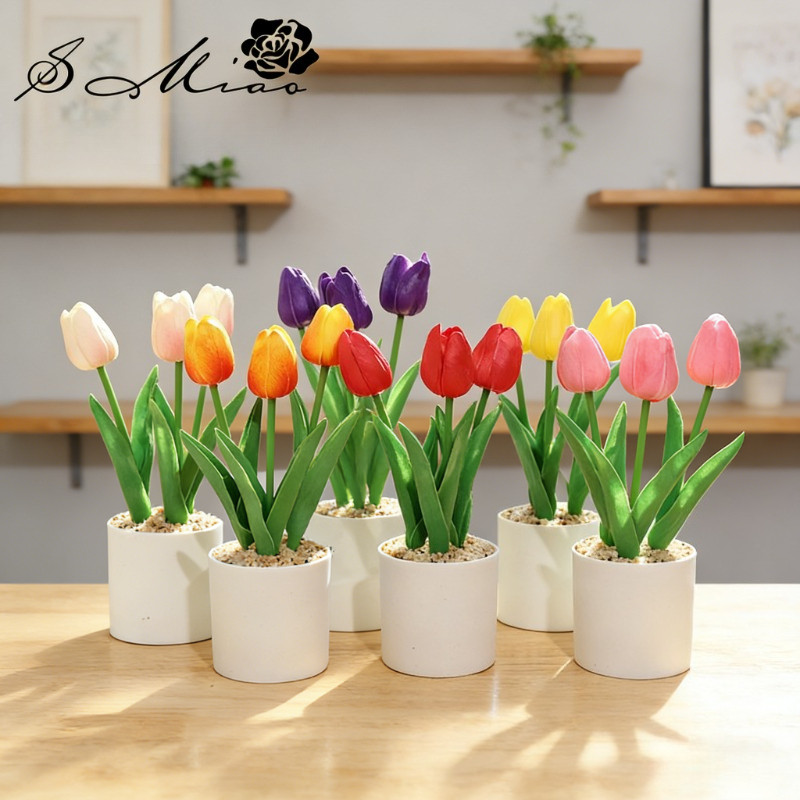 ดอกทิวลิป ทิวลิปปลอม 3 ดอก และกระถาง ขนาด 25 cm ของตกแต่งบ้าน อุปกรณ์ตกแต่งภายใน