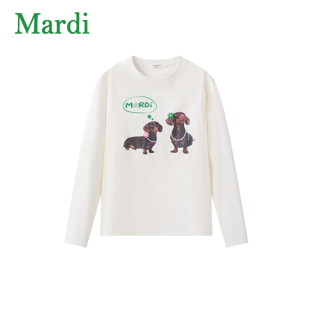MARNI เสื้อยืดแขนยาวผ้าฝ้าย 100% คอกลมใหม่สําหรับผู้ชายและผู้หญิงพิมพ์ลายสุนัขหลวมสบายๆด้านบน