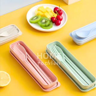 ชุดกล่องช้อน+ส้อม+ตะเกียบฟางข้าวสาลี พร้อมกล่องใส่แบบพกพา ปลอดภัย Spoon Fork Set เครื่องใช้บนโต๊ะอาหาร ชุดช้อนส้อม