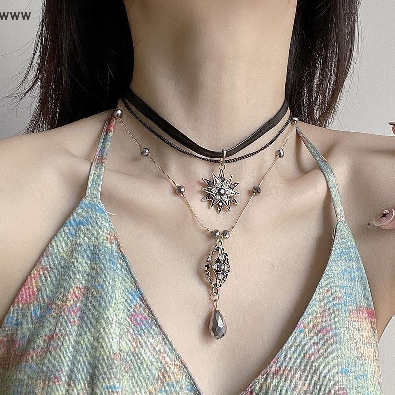 OOO สร้อยคอแบบหลายชั้นแนววินเทจสร้อยคอสร้อยคอสร้อยคอจี้โซ่ยาวประดับคริสตัลโบฮีเมียนเป็นของขวัญ