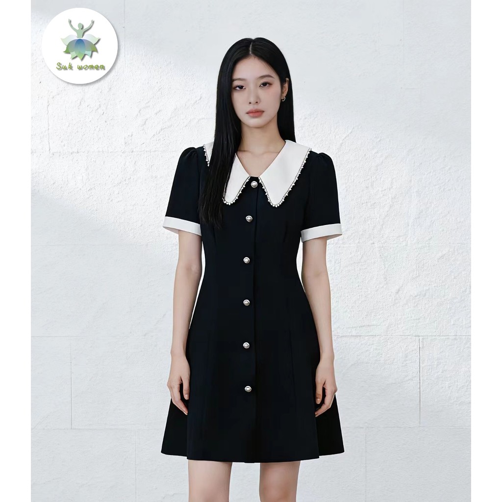 Suk women เดรสสั้น เสื้อผ้าผู้หญิง สีดำ กระโปรง เดรส ย้อนยุคเอวสูง Slimmer ดูเสื้อโปโลคนดังอารมณ์ชุด