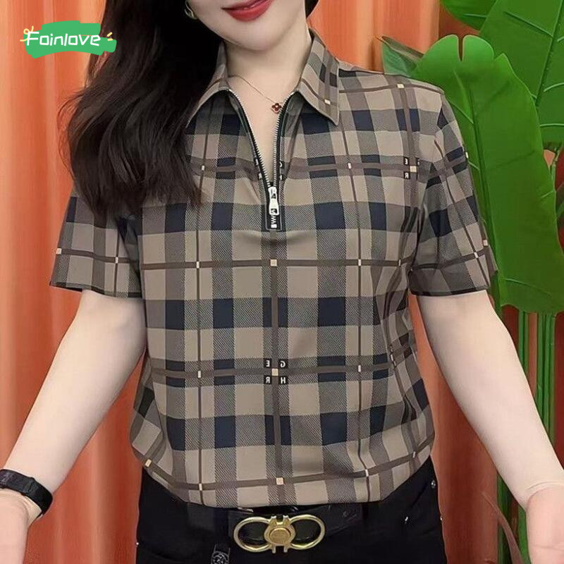 เสื้อโปโลลายสก๊อตแขนสั้น แบบครึ่งซิป สไตล์แฟชั่นสำหรับฤดูร้อน