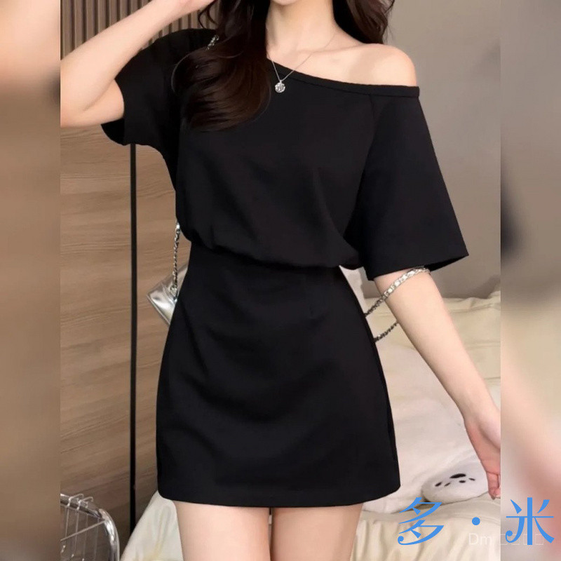 TT ฤดูร้อนสไตล์ใหม่แคบ-เอว Slimmer ดู Strapless Diagonal Collar Western สไตล์กระโปรงสั้นหญิงเวอร์ชั่นเกาหลีออกแบบสาวร้อนไหล่เดียวชุด OO4V