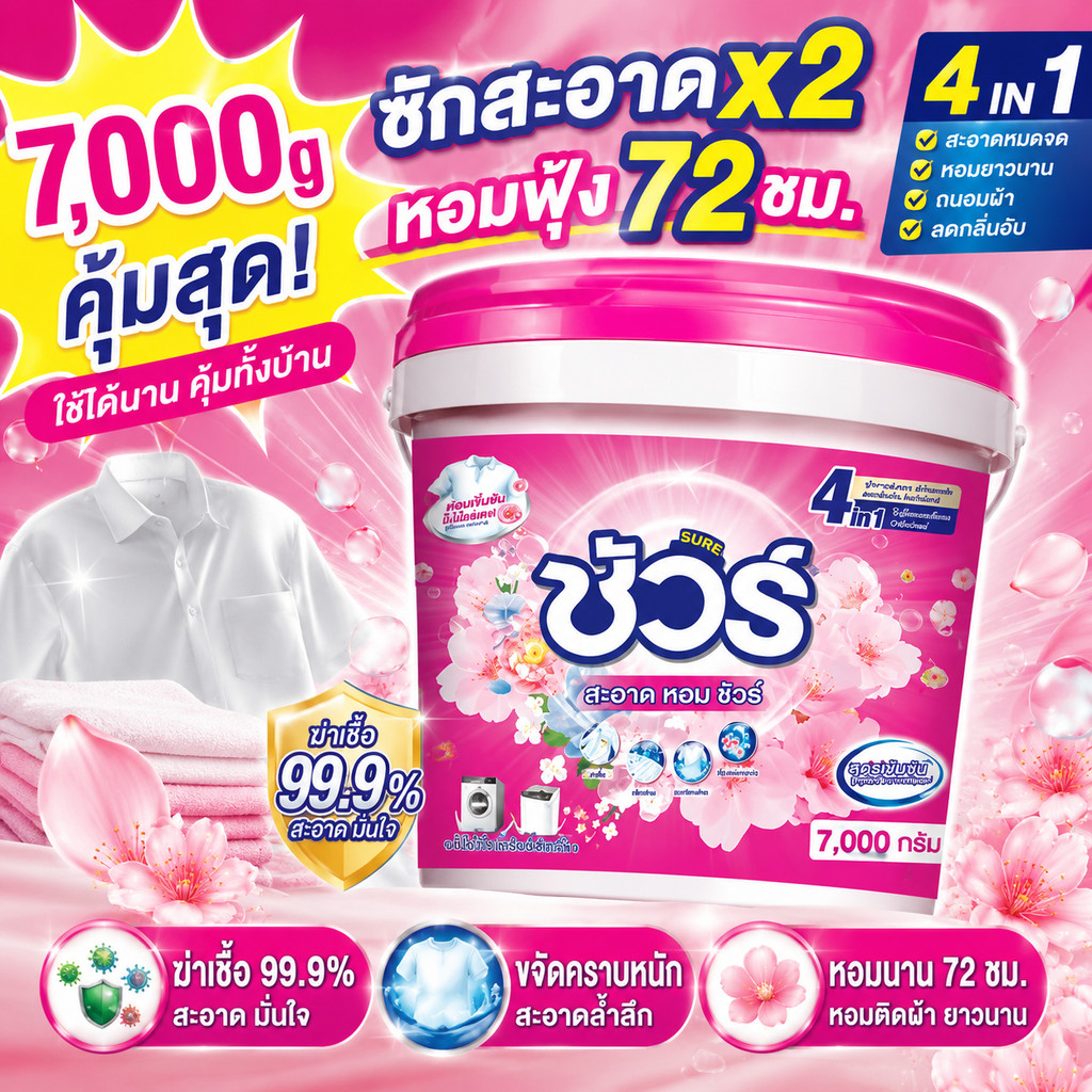 SURE 4in1 ผงซักฟอกถังใหญ่ ชัวร์ 7kg สูตรเข้มข้น หอมฟุ้ง ซักสะอาด ลดกลิ่นอับ ใช้ได้ทั้งซักมือและเครื่อง