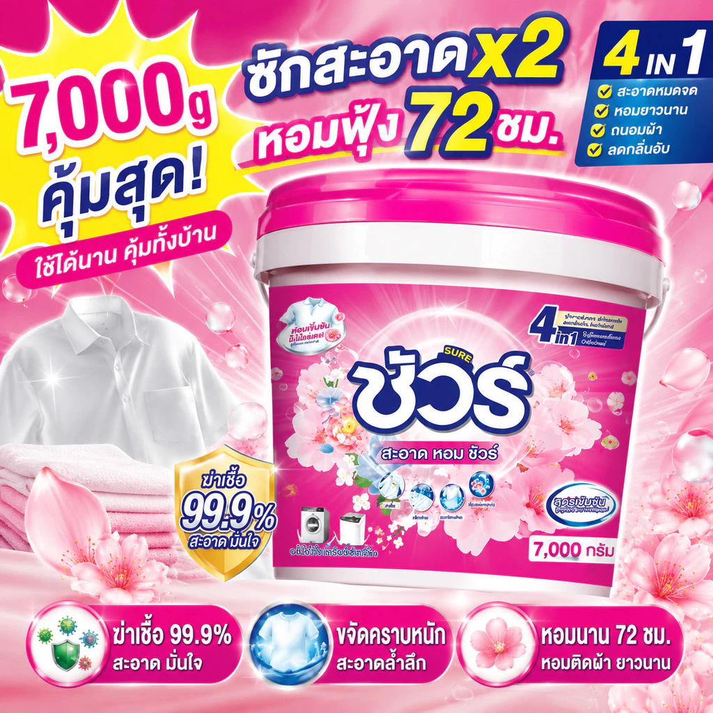 SURE 4in1 ผงซักฟอกถังใหญ่ ชัวร์ 7kg สูตรเข้มข้น หอมฟุ้ง ซักสะอาด ลดกลิ่นอับ ใช้ได้ทั้งซักมือและเครื่อง