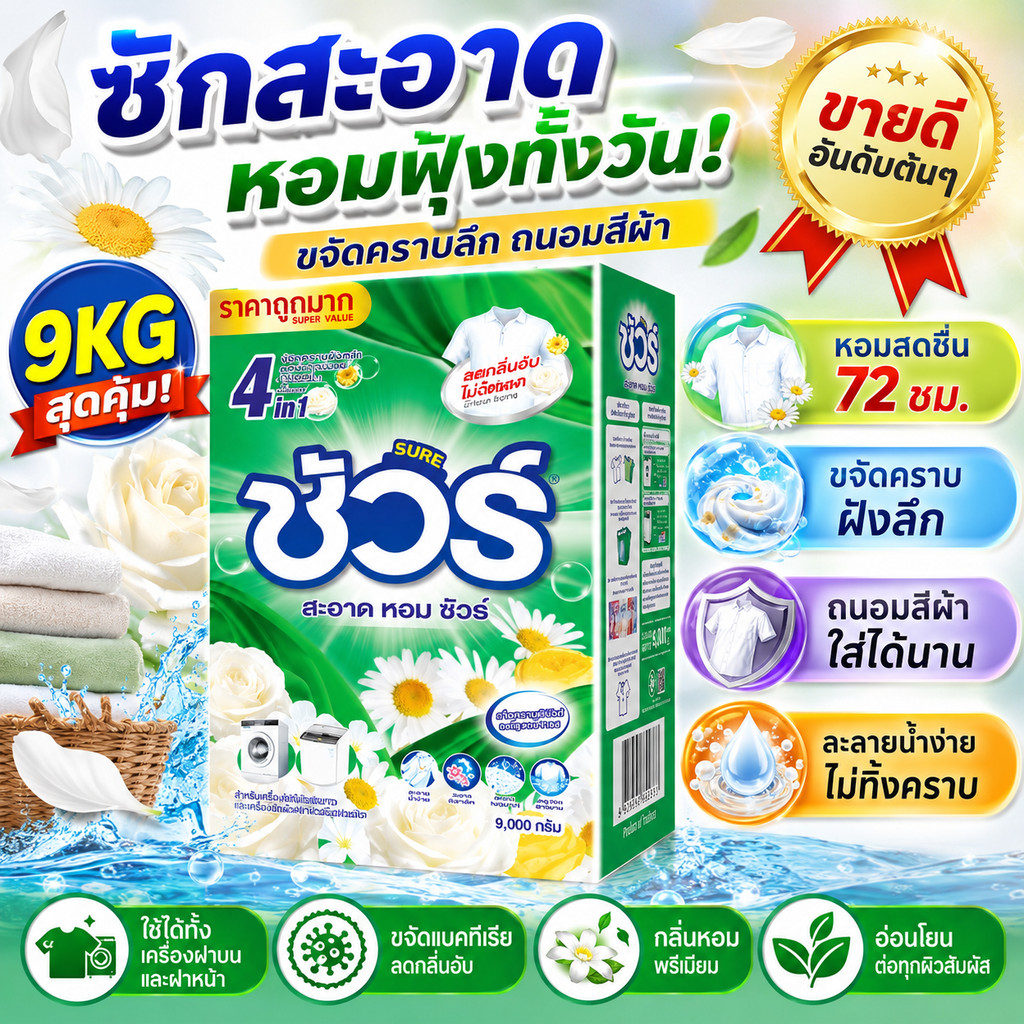 SURE 4in1 ผงซักฟอก ชัวร์ 9KG หอมติดผ้านาน 72 ชม. ขจัดคราบลึก ซักสะอาด ใช้ได้ทั้งเครื่องฝาบนและฝาหน้า