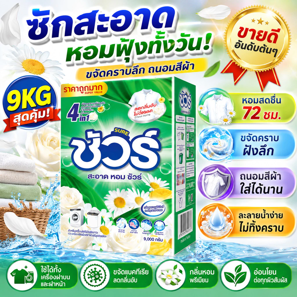 SURE 4in1 ผงซักฟอก ชัวร์ 9KG หอมติดผ้านาน 72 ชม. ขจัดคราบลึก ซักสะอาด ใช้ได้ทั้งเครื่องฝาบนและฝาหน้า