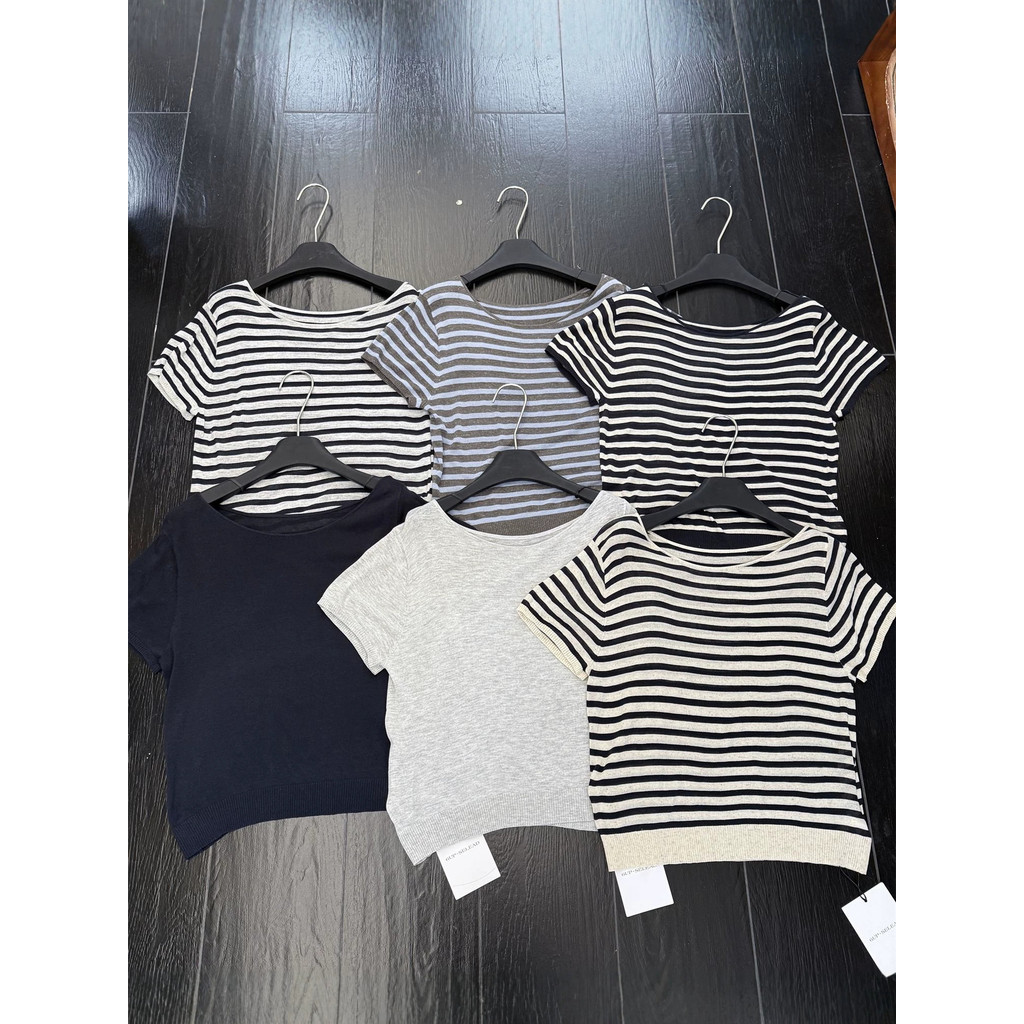 36UP เสื้อสเวตเตอร์เปิดไหล่ลายทางสีสันสดใสสำหรับผู้หญิง สไตล์มินิมอลลำลองใหม่จากกวางโจว รุ่น 60366