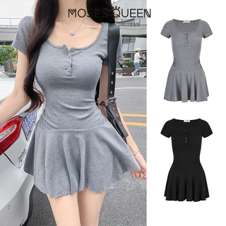 MOSESQUEEN ชุดเดรสแขนสั้นเข้ารูปมีรอบเอวและทรงเอจับจีบ สร้างรูปลักษณ์ของการกระชับสัดส่วน กระโปรงสั้น #63641