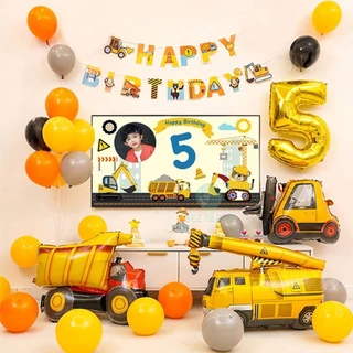 GeeParty ชุดลูกโป่งธีมก่อสร้าง 51 ชิ้น ลูกโป่งฟอยล์รถบรรทุก พร้อมแบนเนอร์ สำหรับตกแต่งงานเลี้ยงวันเกิด