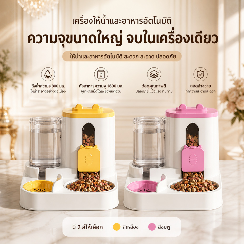 เครื่องให้อาหารแมวอัตโนมัติ พร้อมถังน้ำ | ที่ให้อาหารสัตว์เลี้ยง 2in1 เติมน้ำ+อาหารเองได้ กันมด กันชื้น ขนาดใหญ่ จุเยอะ