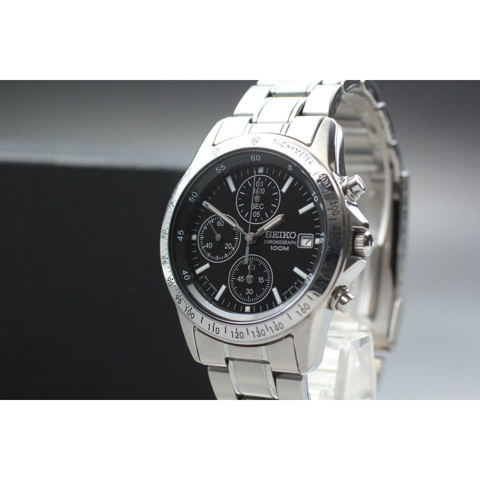 Vtg 1998 Exc+5 Seiko 7T92-0DW0 Silver Black Chronograph 40mm Quartz Men's Watch