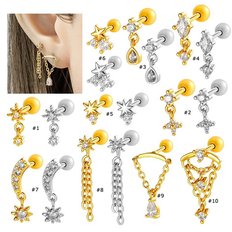 1 ชิ้น/เดี่ยวสแตนเลส Zirconia กระดูกอ่อน Dangle ต่างหูสตั๊ด Helix Pinna Lobe เจาะ 16Gauge
