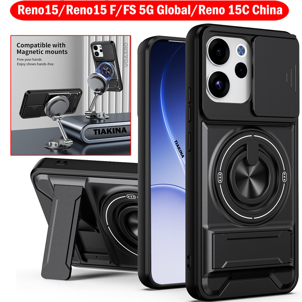 สไลด์เลนส์ Funda สําหรับ OPPO Reno15 F FS 5G Global Case หมุนแหวนแม่เหล็กสําหรับ Reno 15C 5G จีนกรณี Kickstand เกราะ Capa