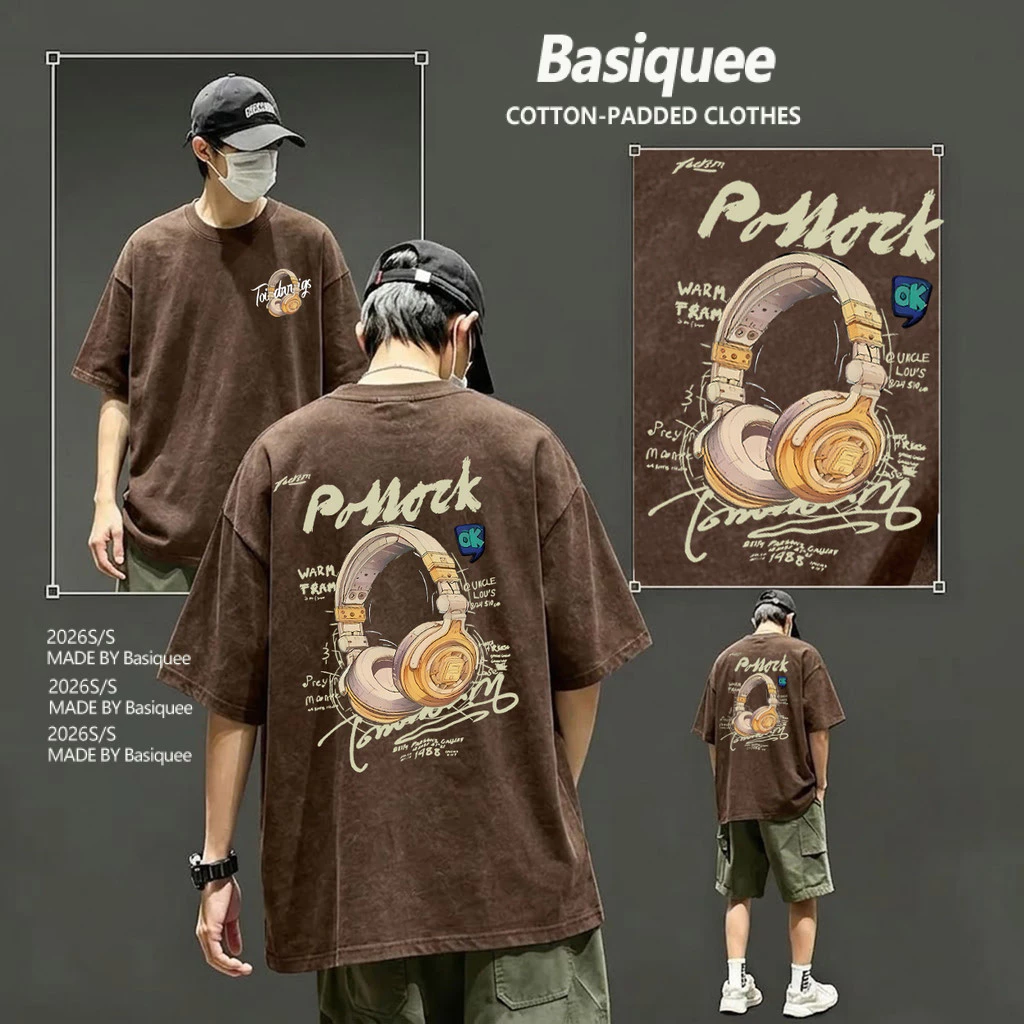 Basi💥เสื้อผู้ชาย เสื้อยืด oversize เสื้อฟอก วินเทจ สตรีท เกรดพรีเมียม เสื้อคอตตอน ไม่หดตัว ใส่สบาย ลาย "HEADPHONES"
