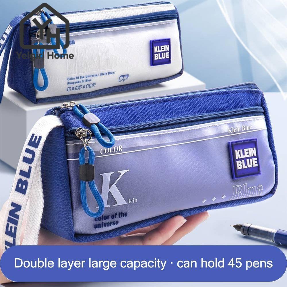 YELGIRLB Pencil , เครื่องเขียนความจุขนาดใหญ่ Make Up Bag, กระเป๋าจัดเก็บ Double Zip Blue Series ที่ใช้งานได้จริง Office