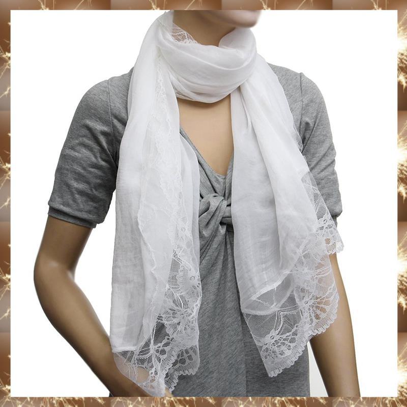 (OKB)Woman Scarves Chiffon Lace Scarf Wrap Scarf สีขาว