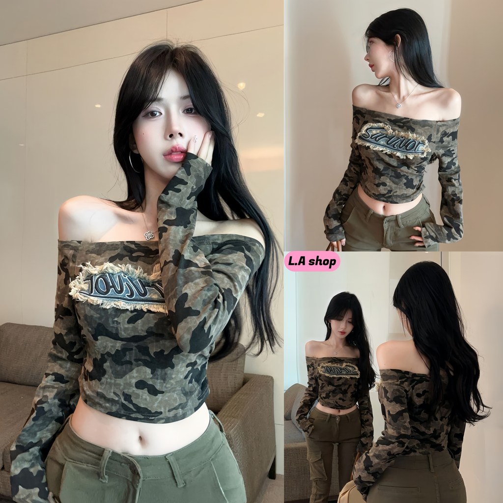 L.A Shop★เสื้อคุณภาพดี เสื้อเปิดไหล่แขนยาว ดีเทลลายทหารเท่ๆ สไตล์เซ็กซี่สาวร้อน "FY593"