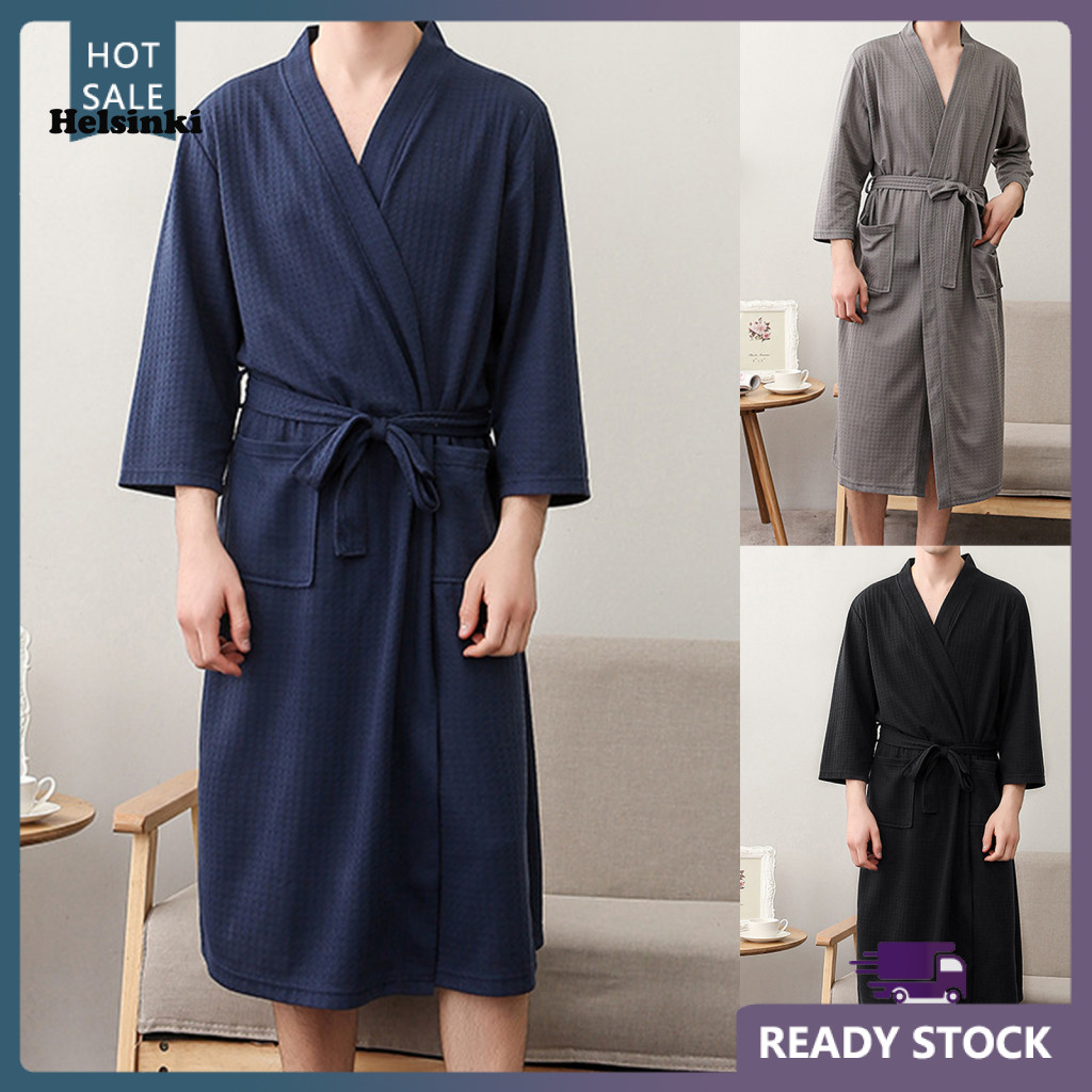 HLS ผู้ชายเสื้อคลุมอาบน้ําสีทึบ V คอคาร์ดิแกนการดูดซึมน้ํา Oversize ชายชุดนอนสําหรับ Home